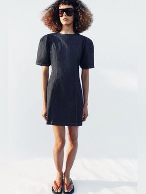 ZARA Puff Sleeve Denim Mini Dress Size M NWT